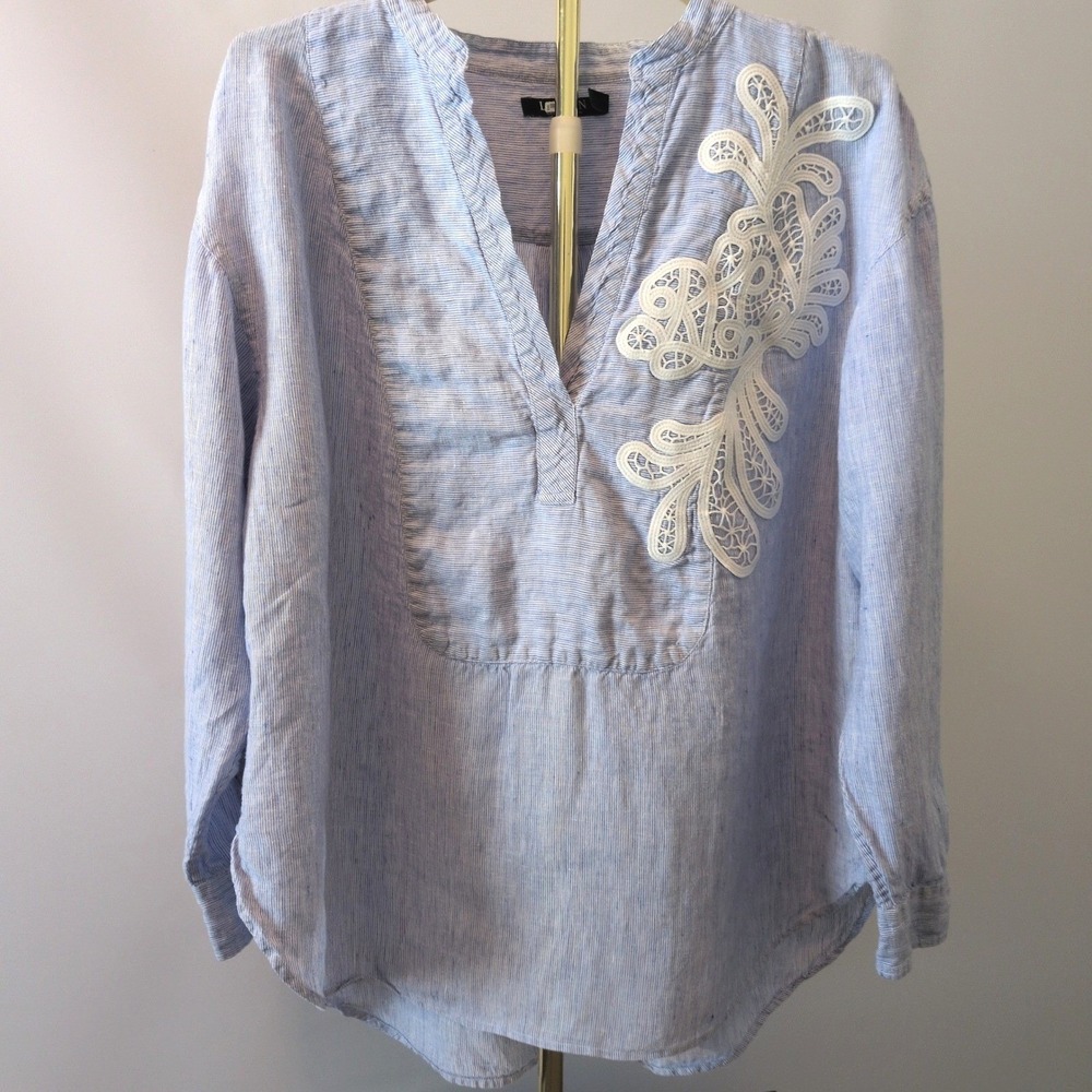 Lauren Ralph Lauren Tunic Womens 2X Blue Striped 100% Linen Lace Appliqué Top